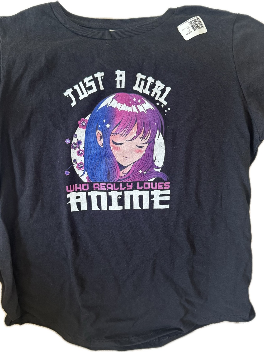 District Black Tee with Purple & Pink Anime Girl Graphic